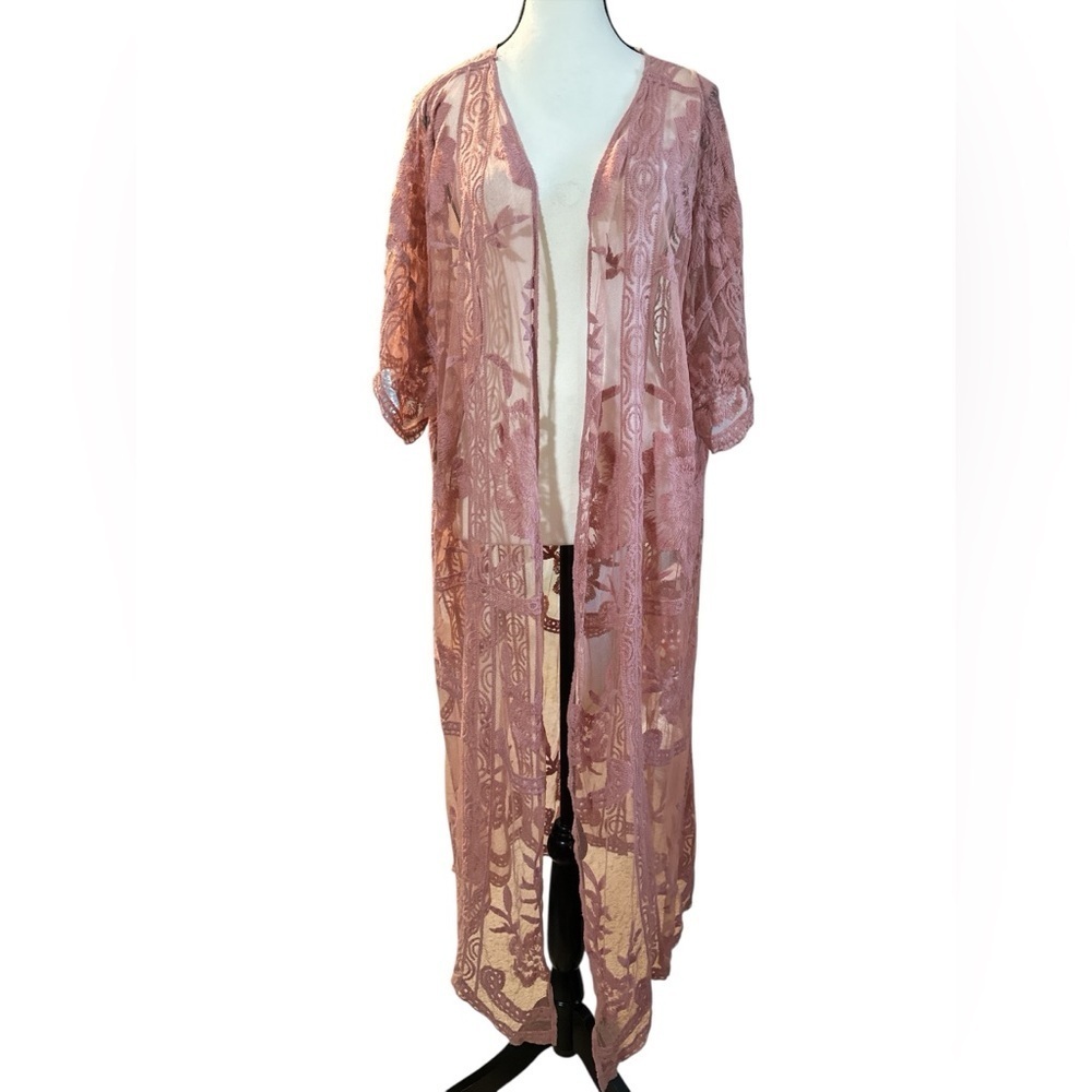 LC Lauren Conrad Sheer Lace Duster in Rose Pink